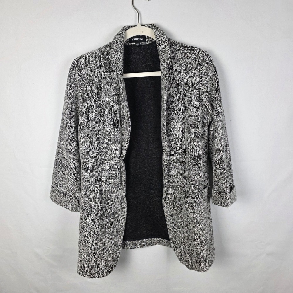Express Womens Black White Textured Knit Open Front Blazer Jacket Size S